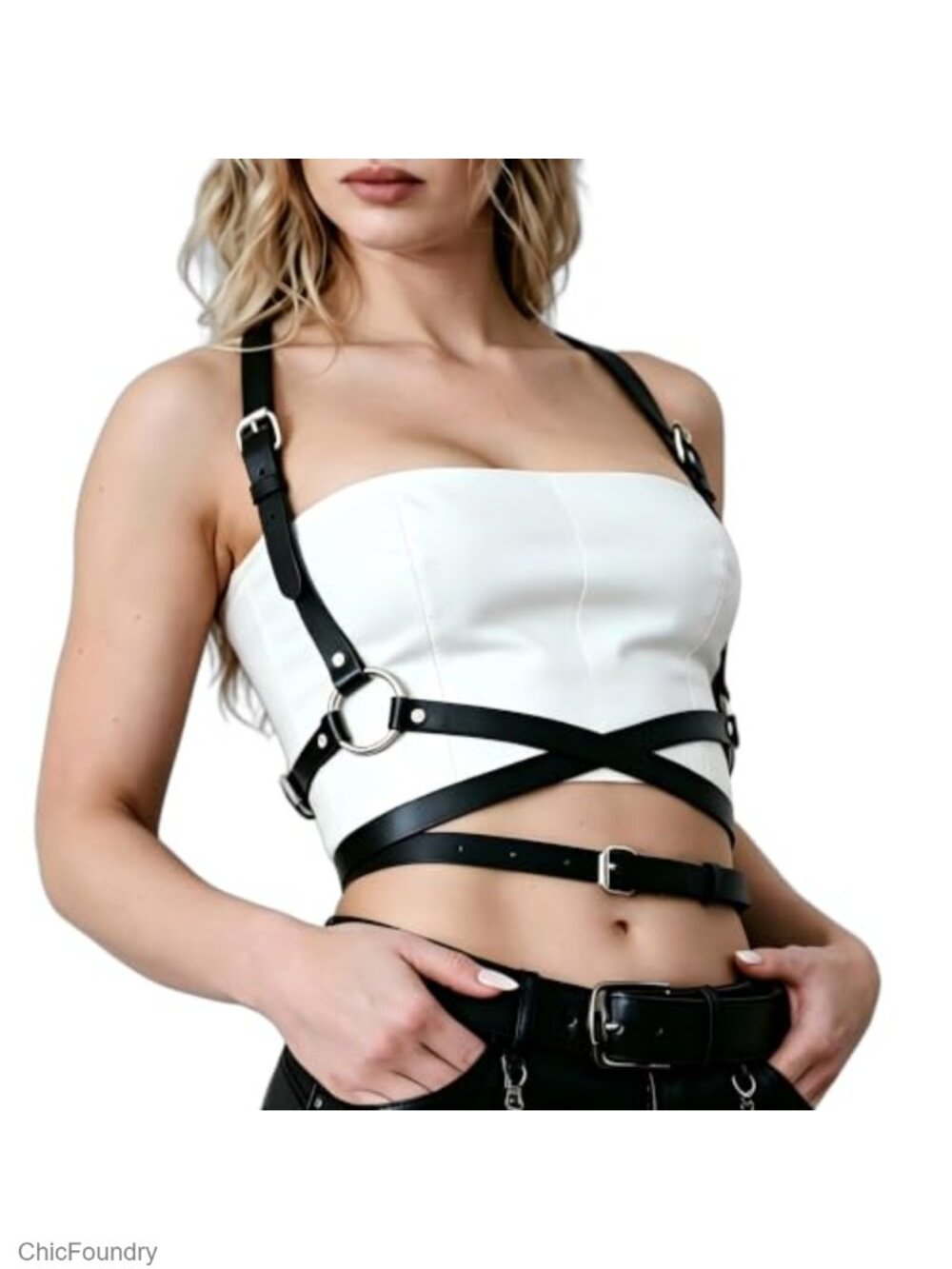 Women's Adjustable Punk Goth PU Leather Body Harness Belt with Waist Chain Rave